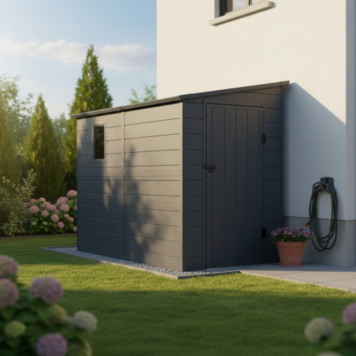 Abri de jardin adossé en résine anthracite 3,53m² + kit de fondation - JOBU