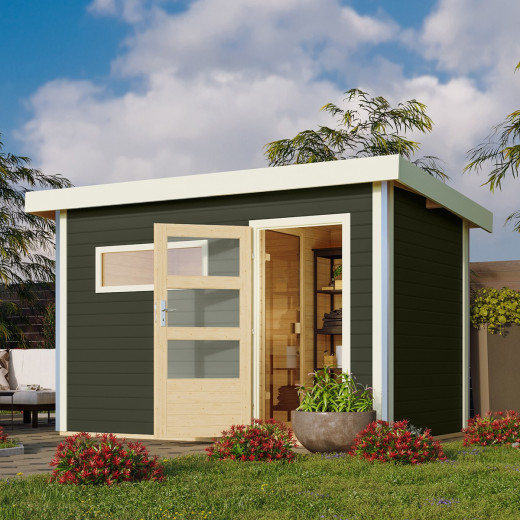 Sauna d'extérieur en bois SKROLLAN 1 anthracite 38mm 4 à 6 places avec porte moderne KARIBU