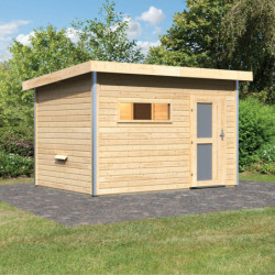 Sauna d'extérieur SKROLLAN 2 en bois massif 38mm 4 à 6 places avec porte opaque et vestibule - KARIBU