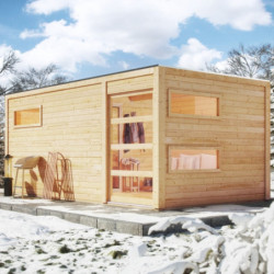 Sauna extérieur Hygge bois naturel avec vestibule et trois fenêtres 6 à 8 places 38mm KARIBU