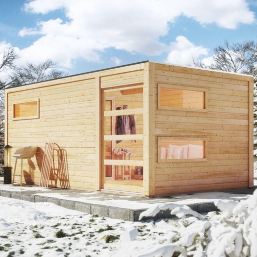 Sauna extérieur Hygge bois naturel avec vestibule et trois fenêtres 6 à 8 places 38mm KARIBU