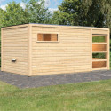 Sauna extérieur Hygge bois naturel avec vestibule et trois fenêtres 6 à 8 places 38mm KARIBU