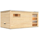 Sauna extérieur Hygge bois naturel avec vestibule et trois fenêtres 6 à 8 places 38mm KARIBU