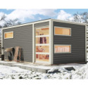 Sauna extérieur Hygge bois laqué gris avec vestibule et trois fenêtres 6 à 8 places 38mm KARIBU