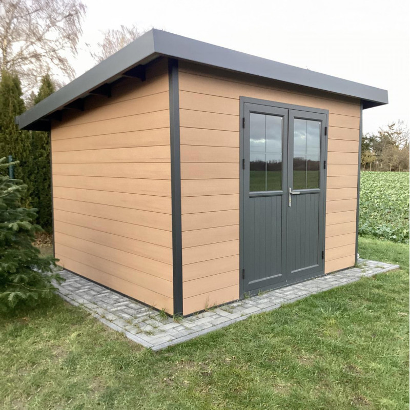 Abri de jardin en bois composite 28mm aspect bois vieilli 9m² PREMIUM toit plat - Woodlife Garden