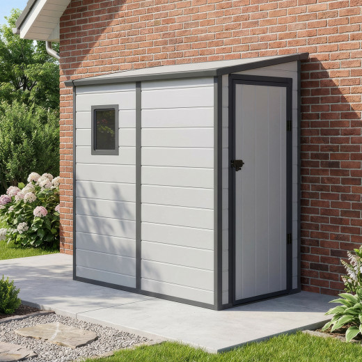Abri de jardin adossé en résine gris clair 2,09m² + kit de fondation - JOBU