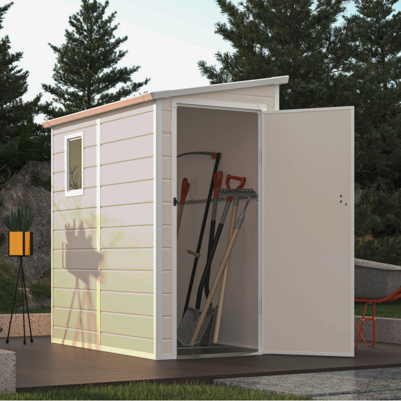 Abri de jardin adossé en résine beige 2,09m² + kit de fondation - JOBU
