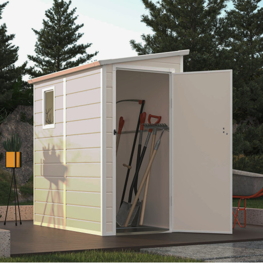 Abri de jardin adossé en résine beige 2,09m² + kit de fondation - JOBU