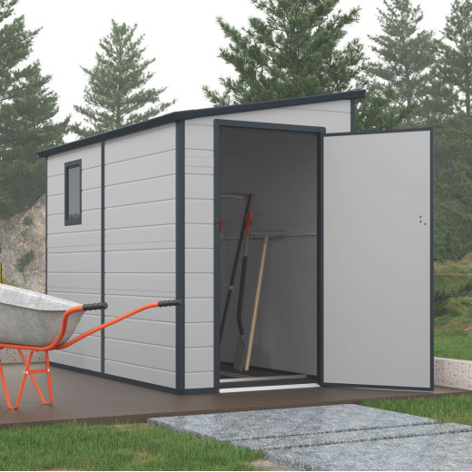 Abri de jardin adossé en résine gris clair 3,55m² + kit de fondation - JOBU