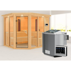 Sauna d'angle multifonctionnel AVA avec poêle Bio 9kW 4 à 5 places 68mm KARIBU