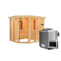 Sauna d'angle multifonctionnel AVA avec poêle Bio 9kW 4 à 5 places 68mm KARIBU