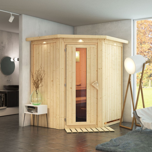 Sauna traditionnel d'angle TAURIN 2 à 3 places 68mm avec couronne et porte à économie d'énergie KARIBU