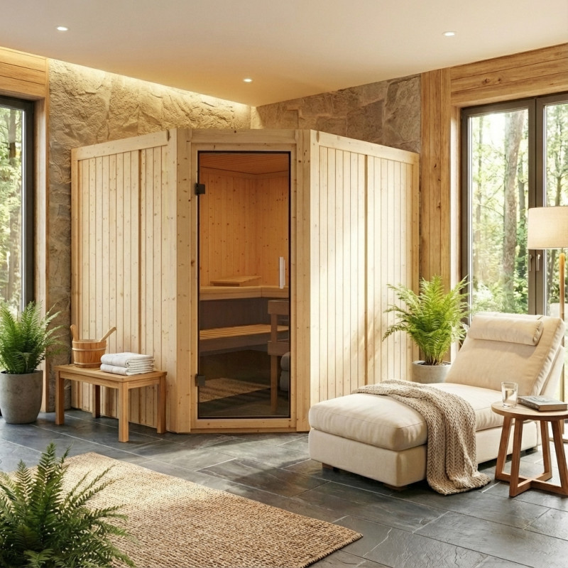Sauna traditionnel d'angle MALIN 5 à 6 places 68mm sans couronne - avec porte moderne KARIBU
