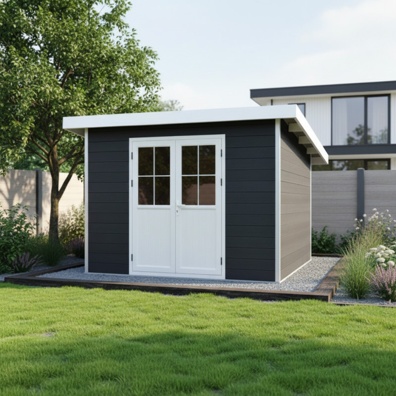 Abri de jardin en bois composite 28mm anthracite 4,41m² PREMIUM toit plat - Woodlife Garden