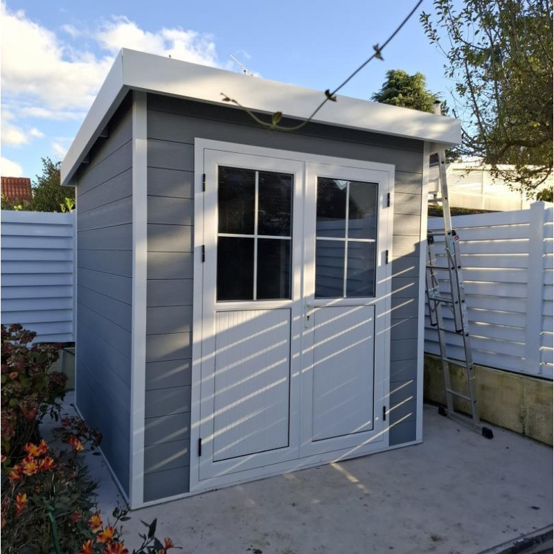 Abri de jardin en bois composite 28mm gris clair 4,41m² PREMIUM toit plat - Woodlife Garden