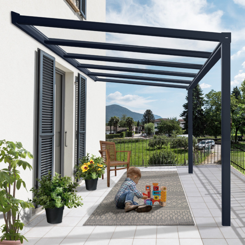Pergola adossée Stockholm 350x368cm aluminium gris et polycarbonate avec stores de toit rétractables – PALRAM