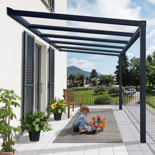 Pergola adossée Stockholm 350x368cm aluminium gris et polycarbonate avec stores de toit rétractables – PALRAM