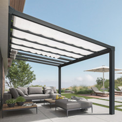 Pergola adossée Stockholm 350x515cm aluminium gris et polycarbonate avec stores de toit rétractables – PALRAM