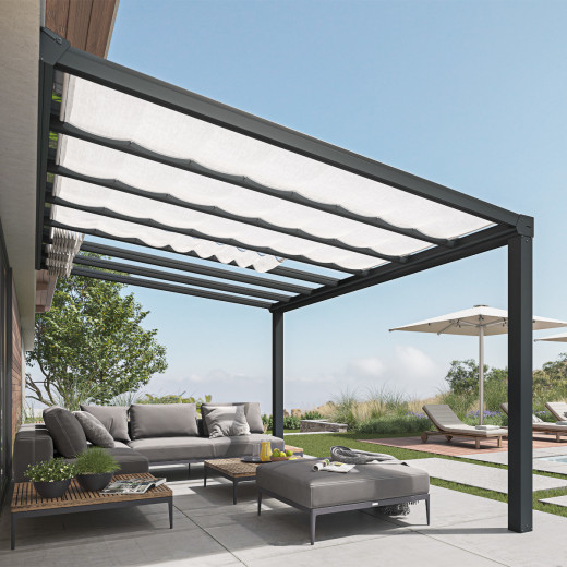 Pergola adossée Stockholm 350x515cm aluminium gris et polycarbonate avec stores de toit rétractables – PALRAM