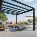 Pergola adossée Stockholm 350x515cm aluminium gris et polycarbonate avec stores de toit rétractables – PALRAM
