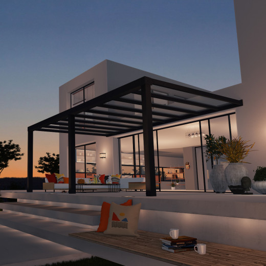 Pergola adossée Stockholm 350x590cm aluminium gris et polycarbonate avec stores de toit rétractables – PALRAM