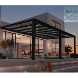 Pergola adossée Stockholm 350x660cm aluminium gris et polycarbonate avec stores de toit rétractables – PALRAM