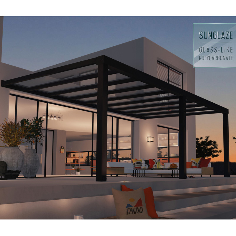 Pergola adossée Stockholm 350x660cm aluminium gris et polycarbonate avec stores de toit rétractables – PALRAM