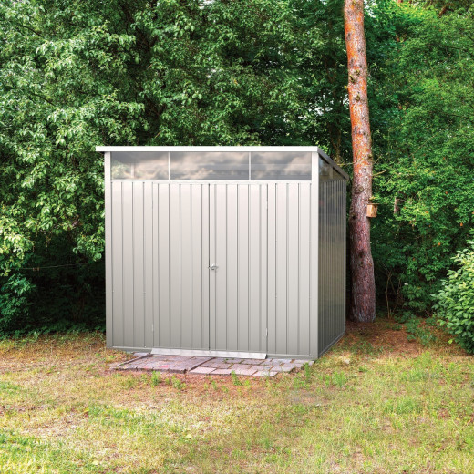 Abri de jardin en métal gris 5,22m² + kit d'ancrage + kit de fondation DURAMAX