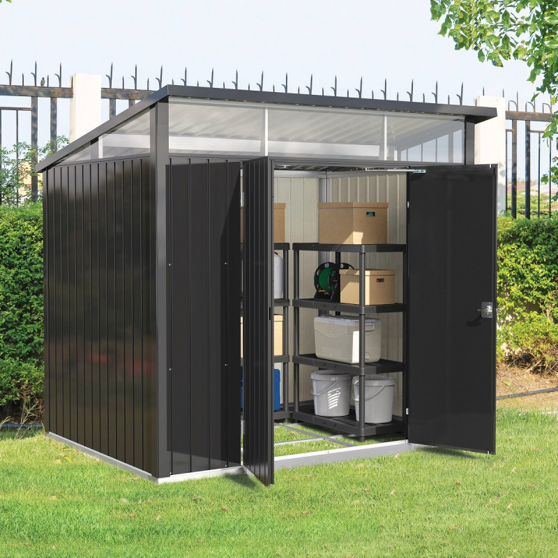 Abri de jardin en métal anthracite 5,22m² + kit d'ancrage + kit de fondation DURAMAX