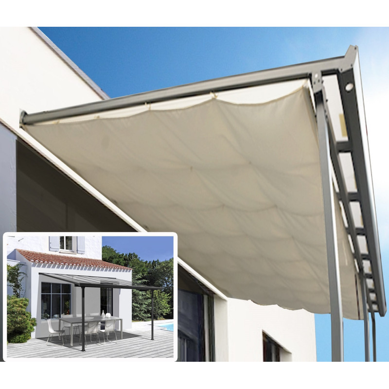 Toit de terrasse 9,21m² en alu anthracite + rideau d’ombrage Habrita