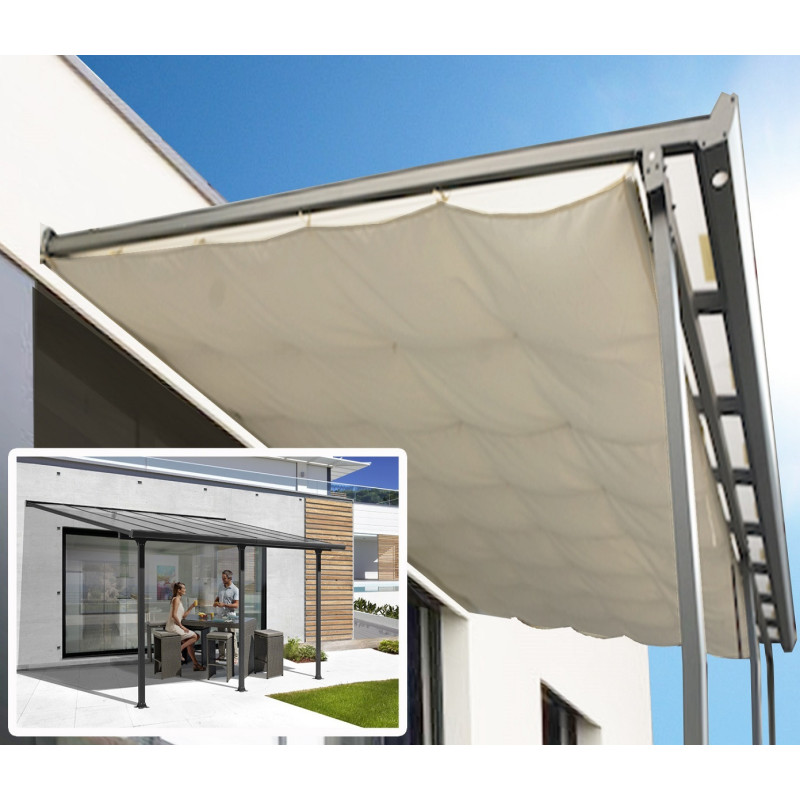 Toit de terrasse 12,83m² en alu anthracite + rideau d’ombrage Habrita