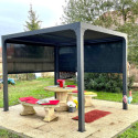 Pergola bioclimatique aluminium anthracite 7,20m² + 2 rideaux gris – HABRITA