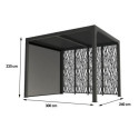 Pergola bioclimatique alu anthracite 7,20m² toit avec lames ovales + 4 panneaux moucharabieh + 1 rideau gris – HABRITA