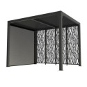 Pergola bioclimatique alu anthracite 7,20m² toit avec lames ovales + 4 panneaux moucharabieh + 1 rideau gris – HABRITA