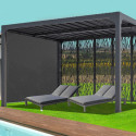 Pergola bioclimatique alu anthracite 10,80m² toit avec lames ovales alu + 5 panneaux moucharabieh + 1 rideau gris – HABRITA