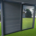 Pergola bioclimatique aluminium anthracite 10,80m² toit avec lames ovales aluminium + ventelles latérales pour côté 3m – HABRITA