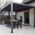Pergola bioclimatique aluminium anthracite 10,80m² toit avec lames ovales aluminium + ventelles latérales pour côté 3m – HABRITA