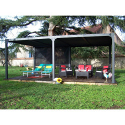 Pergola bioclimatique aluminium anthracite 21,52m² + toit avec lames ovales + 2 rideaux pour côté 5,98m HABRITA