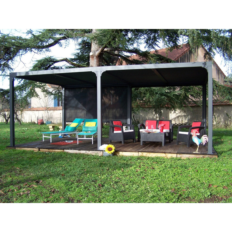 Pergola bioclimatique aluminium anthracite 21,52m² + toit avec lames ovales + 2 rideaux pour côté 5,98m HABRITA