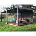 Pergola bioclimatique aluminium anthracite 21,52m² + toit avec lames ovales + 2 rideaux pour côté 5,98m HABRITA