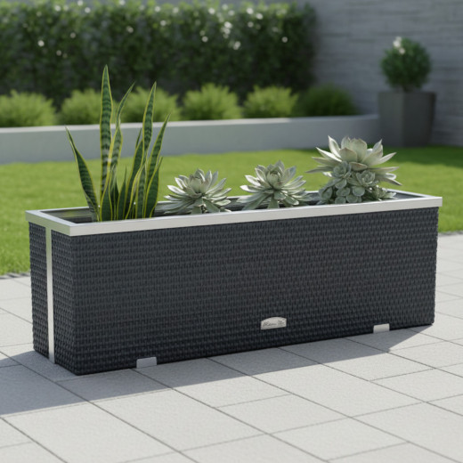 Bac à plantes 108x39x43cm en résine tressée anthracite et acier galvanisé Rattan Art