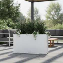 Bac à plantes 100x30x60cm en résine tressée blanche et acier galvanisé Rattan Art