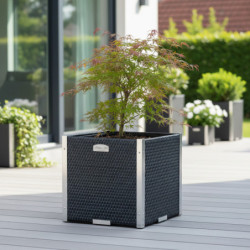 Bac à plantes 46x46x46cm en résine tressée anthracite et acier galvanisé Rattan Art
