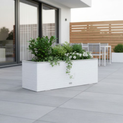 Bac à plantes 108x39x43cm en résine tressée blanche et acier galvanisé Rattan Art
