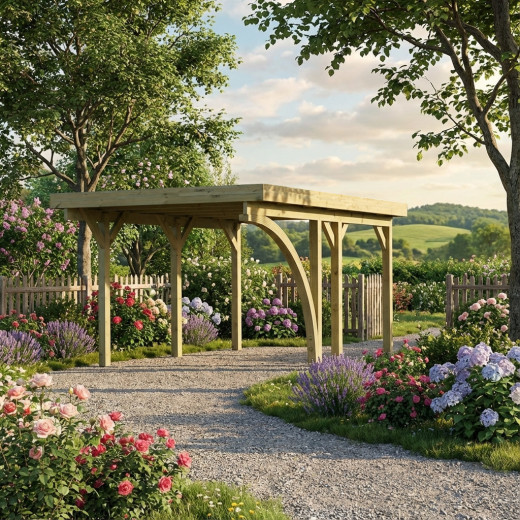 Carport en bois autoclave 15m² avec poteau en arc et toit en acier – KARIBU