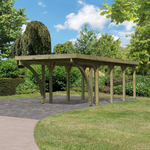 Carport en bois autoclave 26,9m², toit en PVC gris et deux poteaux en arc – KARIBU