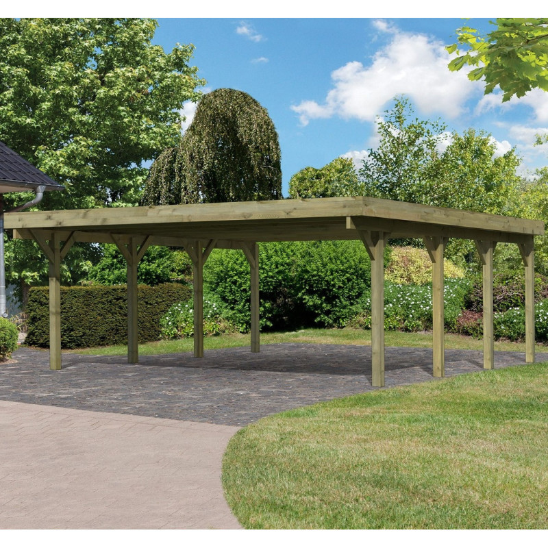 Carport double en bois autoclave 40,2m² et toit en PVC gris – KARIBU