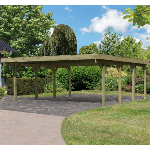 Carport double en bois autoclave 40,2m² et toit en PVC gris – KARIBU