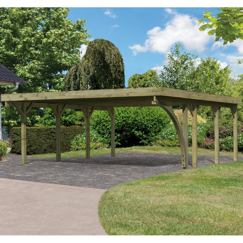 Carport double en bois autoclave 40,2m² avec poteau en arc et toit en PVC gris – KARIBU