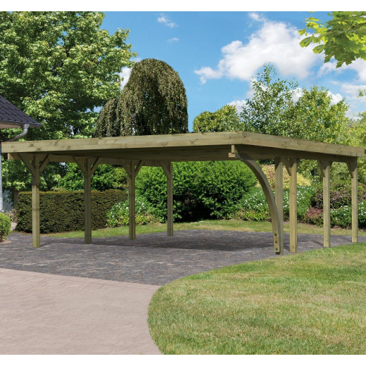 Carport double en bois autoclave 40,2m² avec poteau en arc et toit en PVC gris – KARIBU